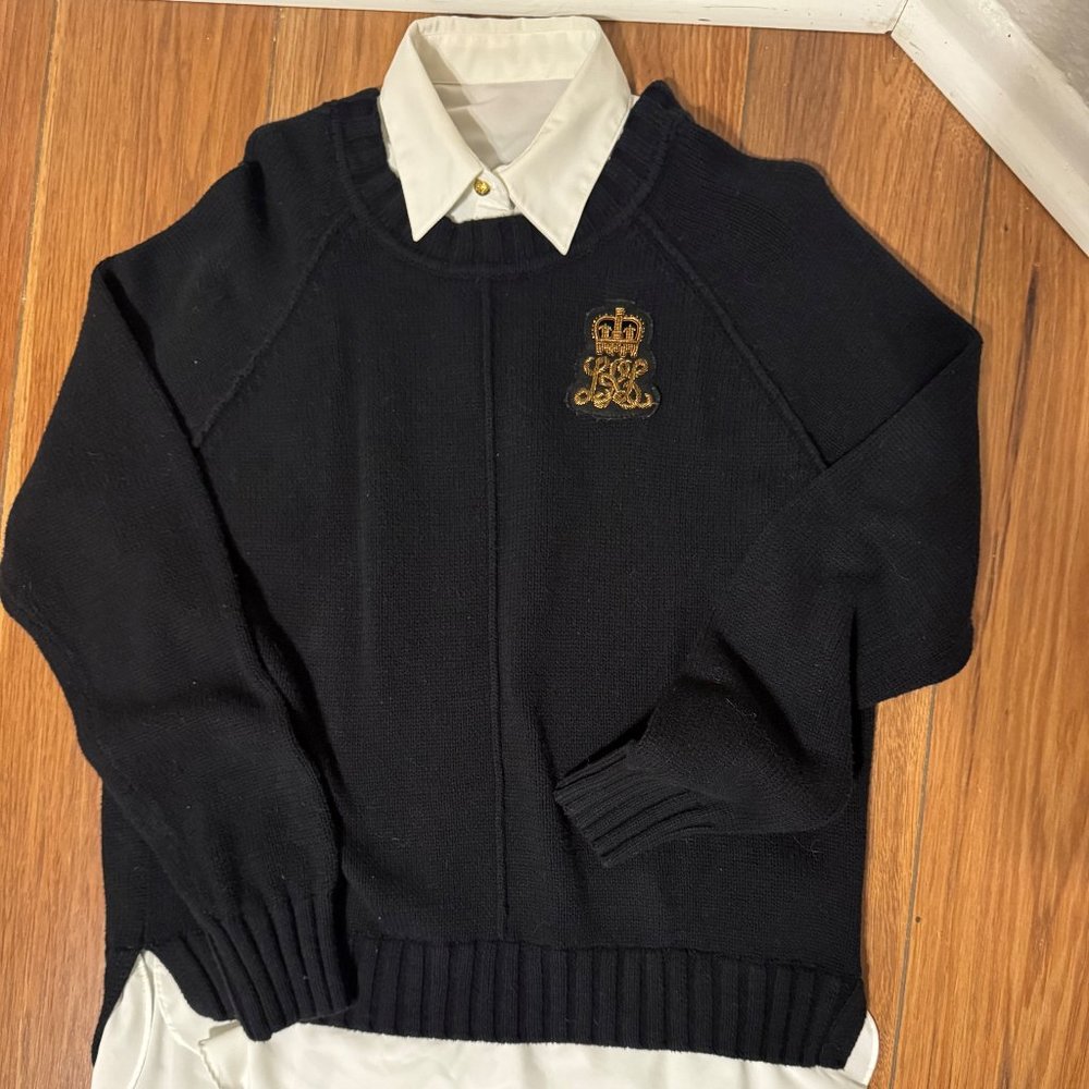 Lauren Ralph Lauren Black Knit Sweater Layered Crown Bullion Patch SZ L